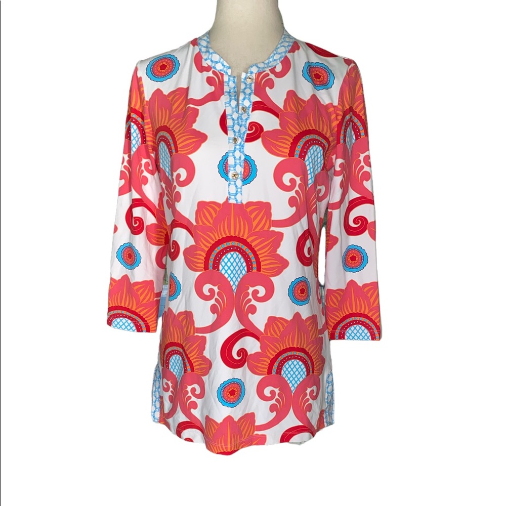 J. McLaughlin Coral Pink Blue Floral Tunic Top - S